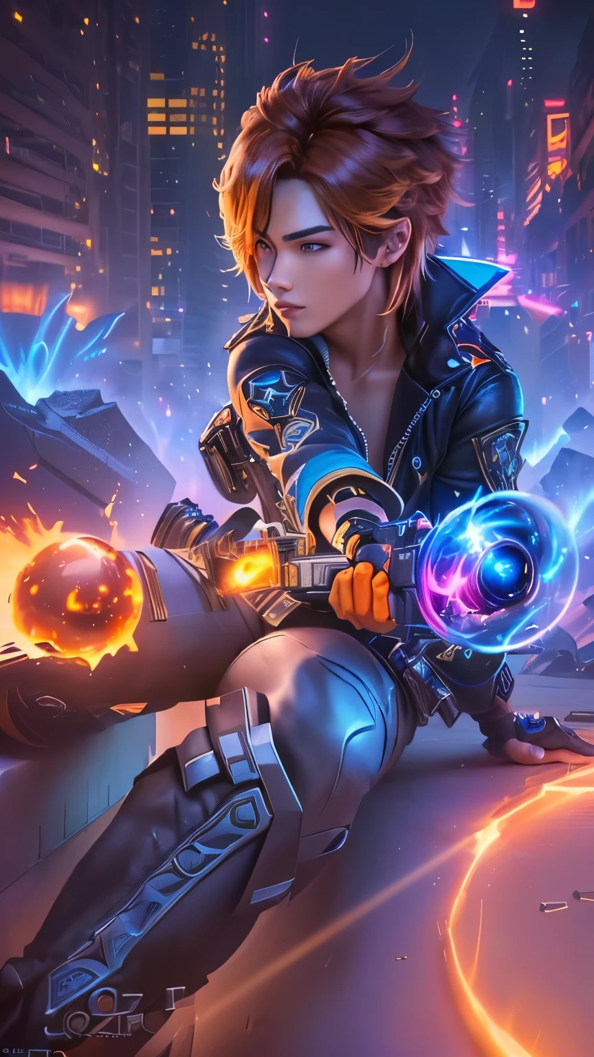 a close up of a person holding a gun and a fireball, hero pose colorful city lighting, ezreal (league of legends, extremely detailed artgerm, kda, riot background, jett from valorant, league of legends character, rossdraws cartoon vibrant, ! dream artgerm, official splash art, miss fortune, miss fortune league of legends