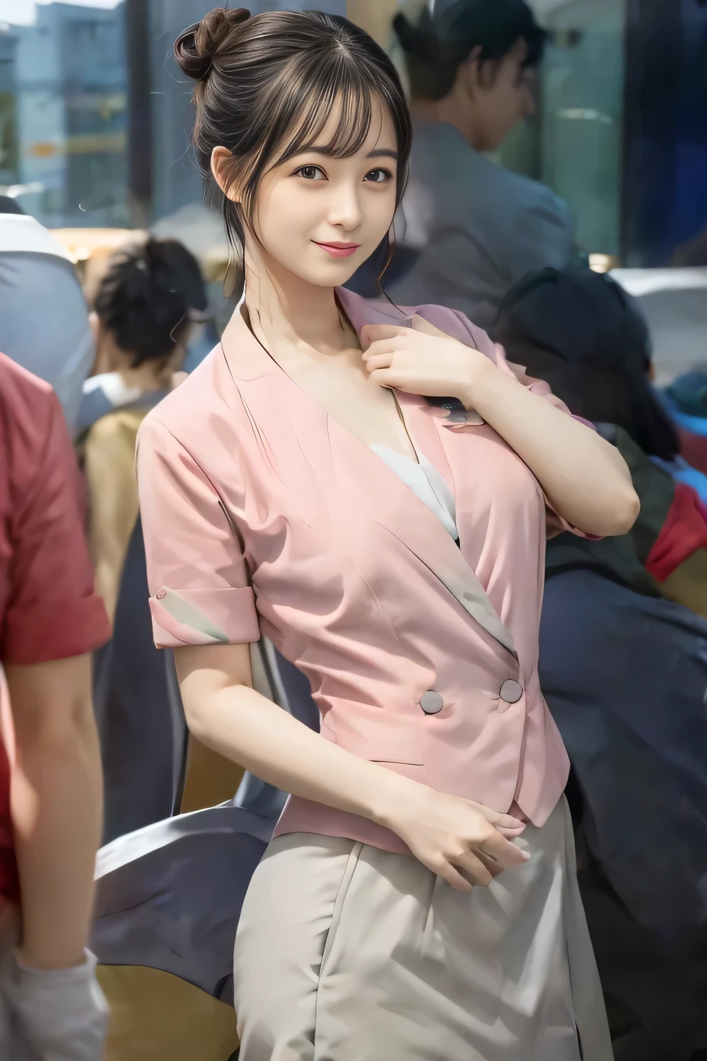 (masterpiece:1.2, highest quality:1.2), 32K HDR, High resolution, (alone、1 girl)、(On the rooftop of a building in the daytime、Professional Lighting)、Building rooftop background、(Nankai train crew uniform pinkを着たリアルスタイル)、(Nankai train crew uniform pink short sleeve collarless pink jacket、Nankai Train Crew Uniform Pink Collarless Short Sleeve Blouse、Nankai Train Crew Uniform Pink Grey Knee-length Culottes)、((The bottom of the pink short-sleeved jacket cannot be tucked into the clay-colored culottes.))、Dark brown hair、(Hair tied up、Hair Bun、Hair Bun)、Dark brown hair、Long Shot、Big Breasts、Thin legs、((Great hands:2.0)),((Harmonious body proportions:1.5)),((Normal limbs:2.0)),((Normal finger:2.0)),((Delicate eyes:2.0)),((Normal eyes:2.0)))、smile、(Nankai Train Crew Uniform Pink Grey Knee-length Culottesを見せた美しい立ち姿)、Holding hands