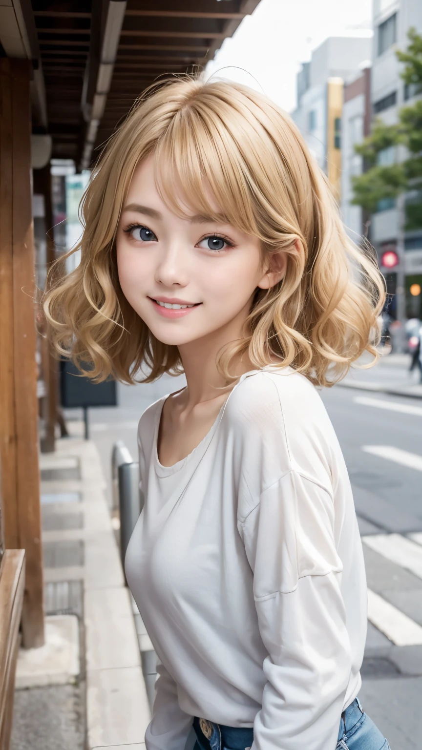 Studio Light, Written boundary depth, Upper Body, thin, cute face, smile, Beautiful details in the eyes, 19 year old Japanese, cute, Voluminous curls and warm blonde color, Plaza, casual