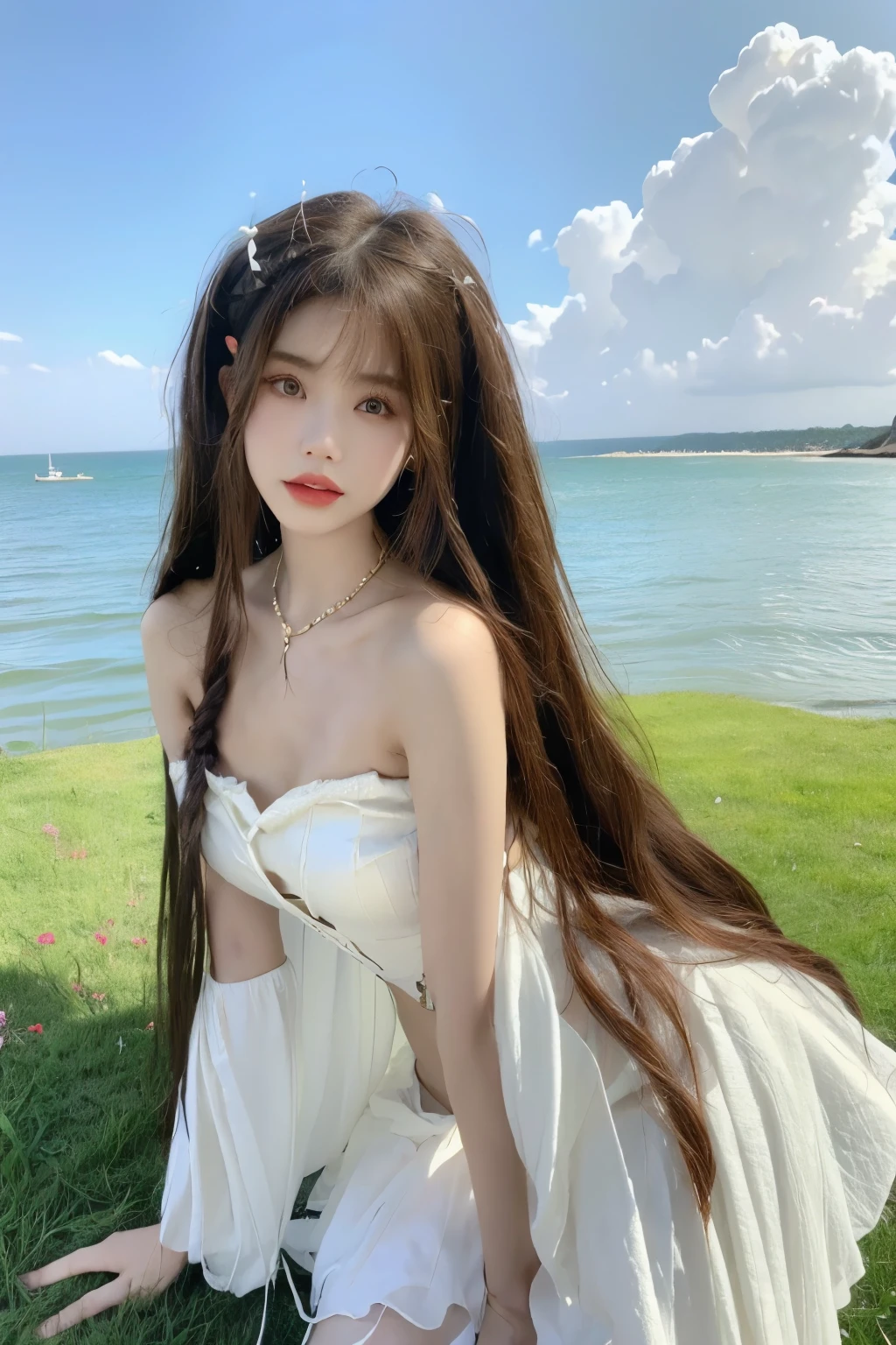 Beautiful woman with perfect body:1.4,Layered Hairstyle,Highly detailed face and skin textures,Double eyelids,Skin Whitening,Long hair,Whitened long legs,(Princess dress,Chest chain),Standing by the sea,Half-length photo