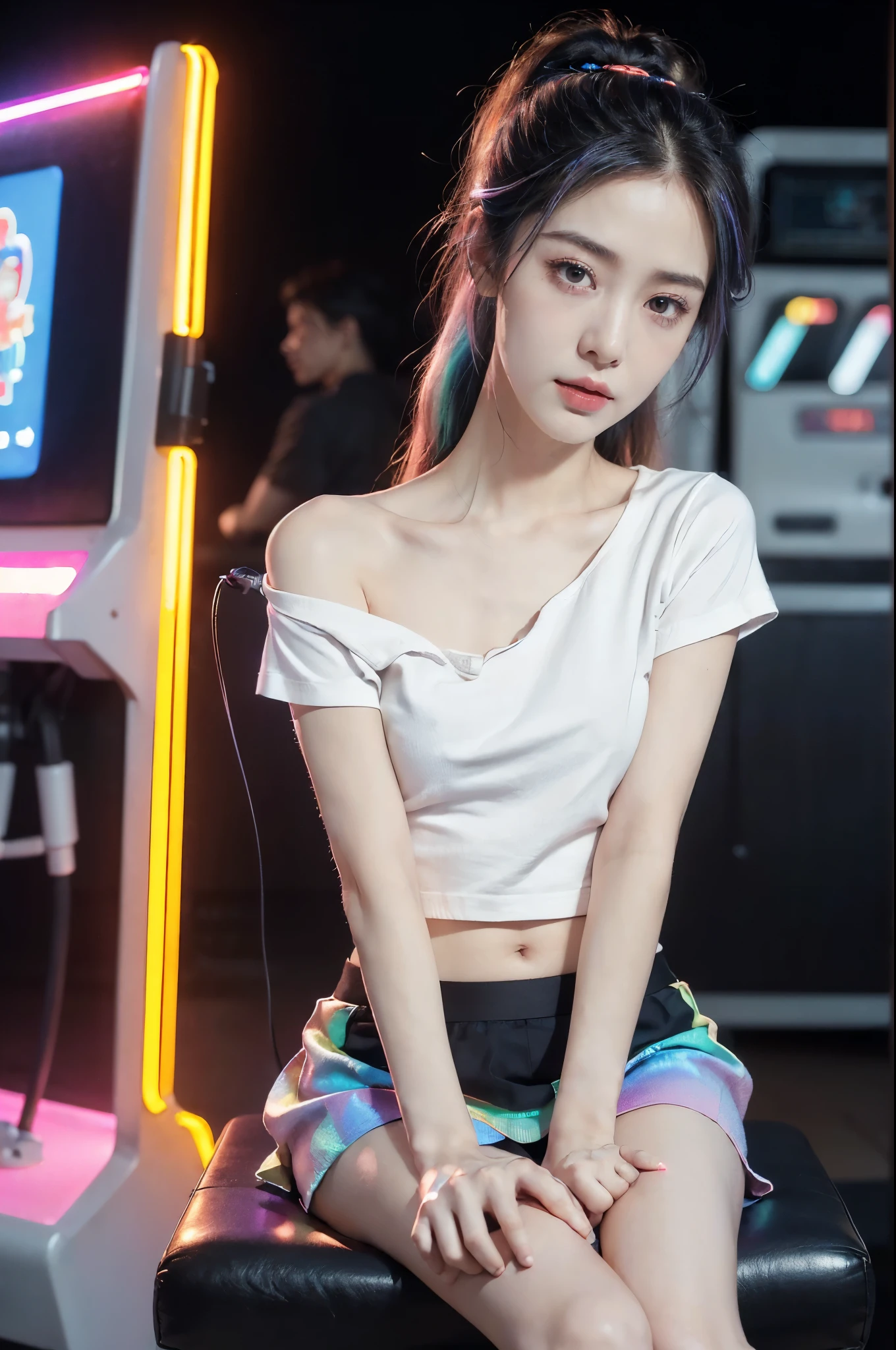 ((((8k))),((Extremely meticulous CG)) ,(wallpaper),16k,((Extremely refined and beautiful)),(((Masterpiece))),(((best qualtiy))),(((Ultra High Resolution))),beautiful light up,Perfect lightning,realistic shaded,(Smooth and flawless skin:1.5),(Extremely exquisite facial details:1.2),(perfect body:1.2),(ultra-detailed),((A beautiful girl,solo)),(small head:1.2),(pale skin:1.3),(shoulder length straight hair:1.2),(rainbow color hair:1.3),(small face:1.2),(baby face:1.3),(Exquisite makeup:1.2),(blush:1.3),(small breasts:1.2),(flat chest:1.3),((slim,thin)),(laughing:1.2),(short sleeves:1.2),(laser shirt:1.5),(shoulder off:1.3),(navel:1.3),(laser microskirt:1.5),(slender legs:1.2),(socks:1.2),(sneakers:1.3),(indoor:1.2),(summer:1.3),(detailed background:1.5),(sitting on a chair:1.3),(Beside the arcade machine:1.3),(arms behind back:1.3),(full body:1.3),(from front:1.3),(In the game center:1.5),(colorful neon lights:1.3),(cyberpunk style:1.3),(night scene:1.5),(lively atmosphere:1.3),(surrounded by crowded crowds:1.3)