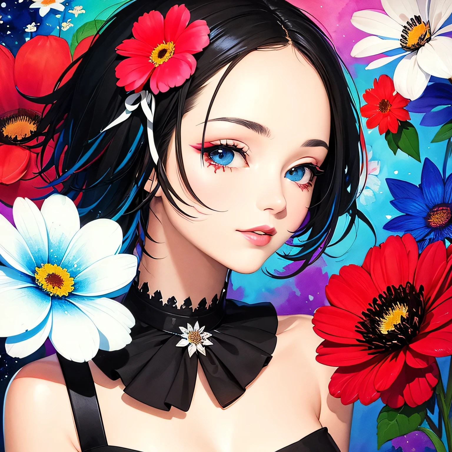 Black Star Red and White Style、(((stylish fashion))), 8K Quality、Intense watercolor, Detailed watercolor art, Watercolor splash, Surreal, avant-garde pop art, Beautiful and expressive paintings, Beautiful artwork illustration, Very colorful tones, wonderful, Cool beauty, highest quality、Official Art, Vector art, Stylish design, (((The most beautiful girl))), (((highest quality))), HDR, ((detailed)), (((Doodle Art)), ((masterpiece)), ((Super detailed)), (((Colorful flowers))),(((Stylish))),