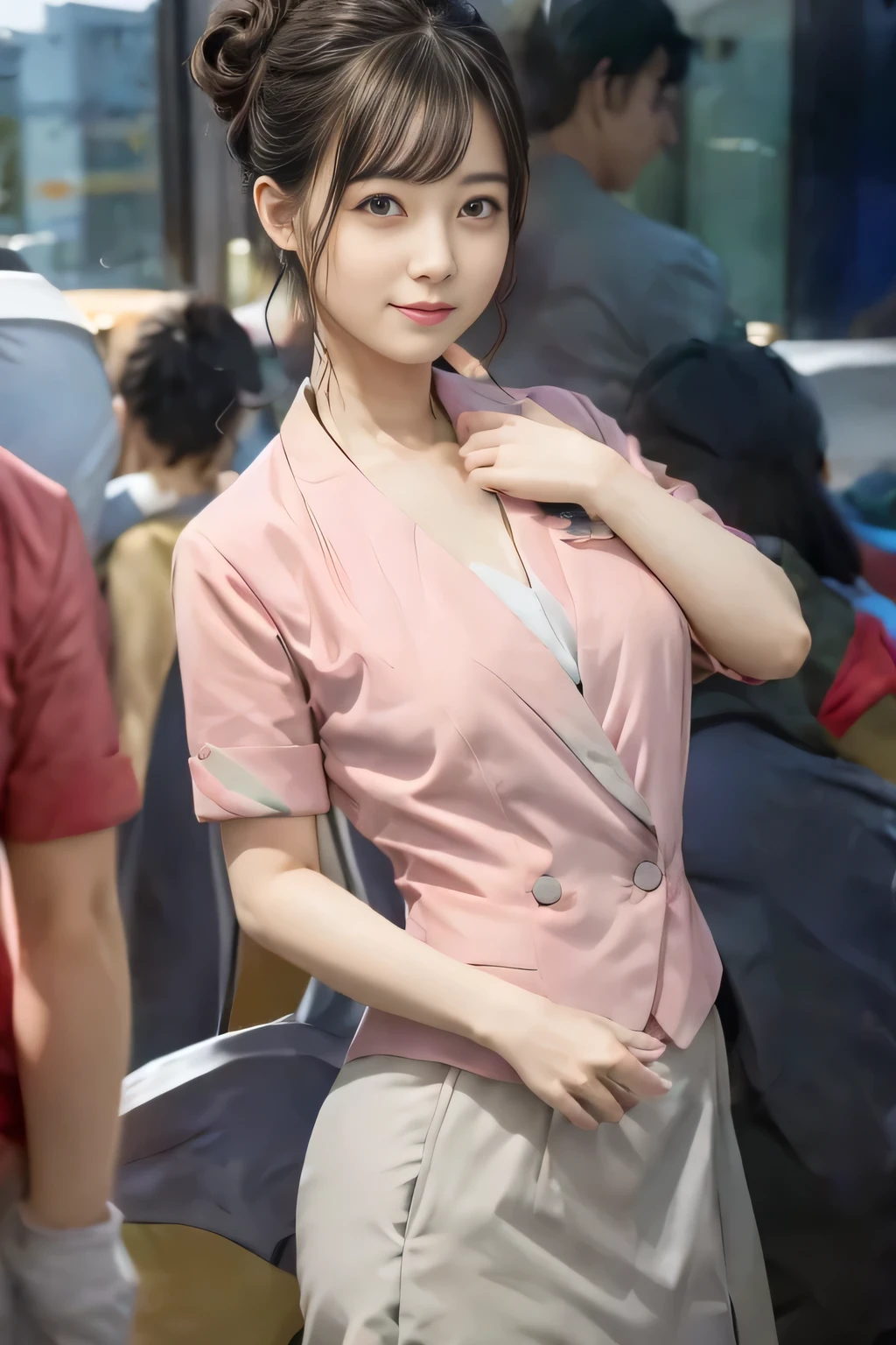 (masterpiece:1.2, highest quality:1.2), 32K HDR, High resolution, (alone、1 girl)、（On the rooftop of a building in the daytime、Professional Lighting）、Building rooftop background、（Nankai train crew uniform pinkを着たリアルスタイル）、（Nankai train crew uniform pink short sleeve collarless pink jacket、Nankai Train Crew Uniform Pink Collarless Short Sleeve Blouse、Nankai Train Crew Uniform Pink Grey Knee-length Culottes）、（（The bottom of the pink short-sleeved jacket cannot be tucked into the clay-colored culottes.））、Dark brown hair、（Hair tied up、Hair Bun、Hair Bun）、Dark brown hair、Long Shot、Big Breasts、Thin legs、（（Great hands：2.0）），（（Harmonious body proportions：1.5）），（（Normal limbs：2.0）），（（Normal finger：2.0）），（（Delicate eyes：2.0）），（（Normal eyes：2.0））)、smile、（Nankai Train Crew Uniform Pink Grey Knee-length Culottesを見せた美しい立ち姿）、Holding hands