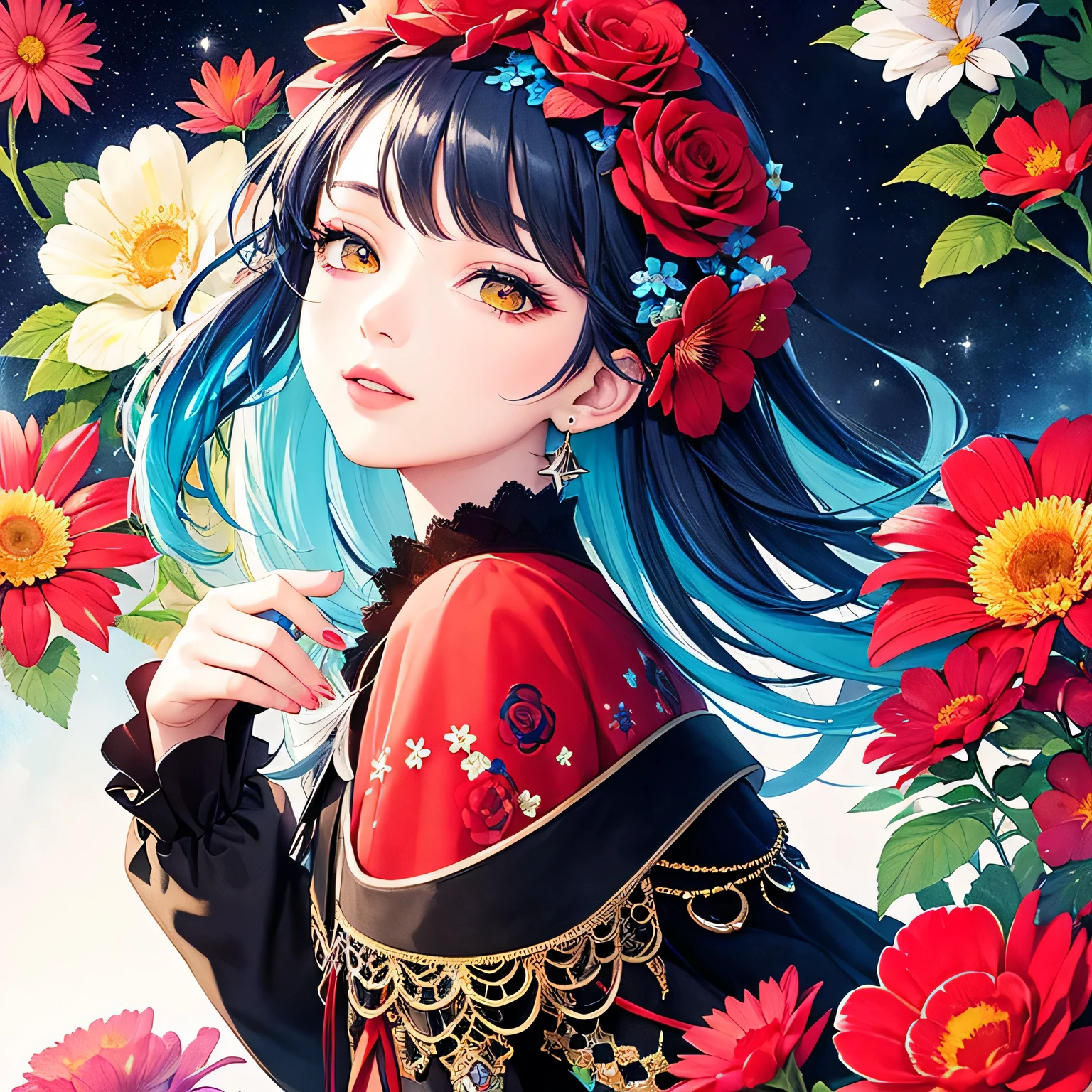 Black Star Red and White Style、(((stylish fashion))), 8K Quality、Intense watercolor, Detailed watercolor art, Watercolor splash, Surreal, avant-garde pop art, Beautiful and expressive paintings, Beautiful artwork illustration, Very colorful tones, wonderful, Cool beauty, highest quality、Official Art, Vector art, Stylish design, (((The most beautiful girl))), (((highest quality))), HDR, ((detailed)), (((Doodle Art)), ((masterpiece)), ((Super detailed)), (((Colorful flowers))),(((Stylish))),