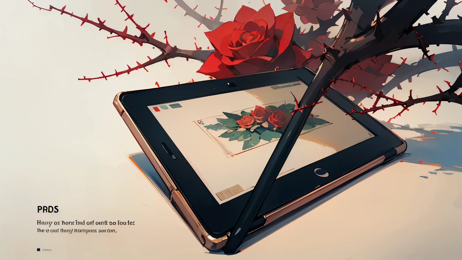 The background image. There is nothing in the center, we draw it in a circle. Imagine that there is a frame around. The basis is books, roses and thorns. beige background color, thorns of green roses, maroon rose flowers, elegance, (((without people))). Roses and thorns are only on the edges of the drawing. There is an empty background inside. Add digital design elements (tablets, laptop). The inner area of the image is empty. All decorative elements are located on the borders of the publication