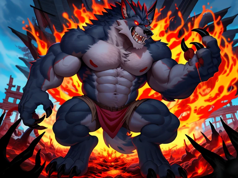 Demon, fear, monster, strong, naked, hellhound, ceobald, wolf, orc, red fur, strong, strong body, thick, giant, furry, horror monster, giant, werewolf, from hell, rape face, brutal, huge, win, torture, flame, grin, bloody, huge knife, big sword, two-handed sword, butcher, ogre, killer, demon, purgatory, flame, laugh, red eyes, handsome, nightmare, destroy town, drool, cannibalism, broken limbs, death, wailing, corpses everywhere, fire rising to the sky