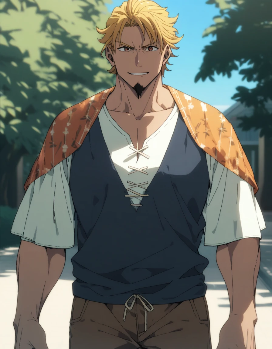 1man, ordinary chinpira, 30yo, brown-blonde, bangs upper, forehead, short hair, smart pentagon face, beige skin, brown eyes, friendly, tough guy, beautiful detailed eyes, netori male, mature, blond goatee, short flaped hair, ideal ratio body proportions, solo, upperlegs focus, casual summer outfit, soft grinning, standing, detailed background, cinematic colored, visual novel, 2010s, in eroge style, extreme all detailed, 8k, sharp vision, masterpiece, best quality