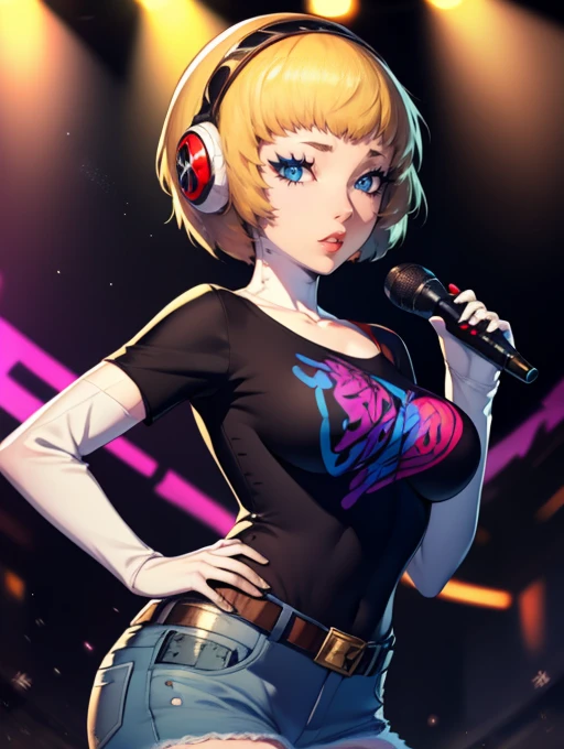 Aegis, earrings ,lipstick, eye shadow, makeup, 1girl, solo, black t-shirt, white shirt, blue jeans, belt, lipstick, large breasts, layered sleeves, sexy pose, holding a microphone, singing, stage background, headphones