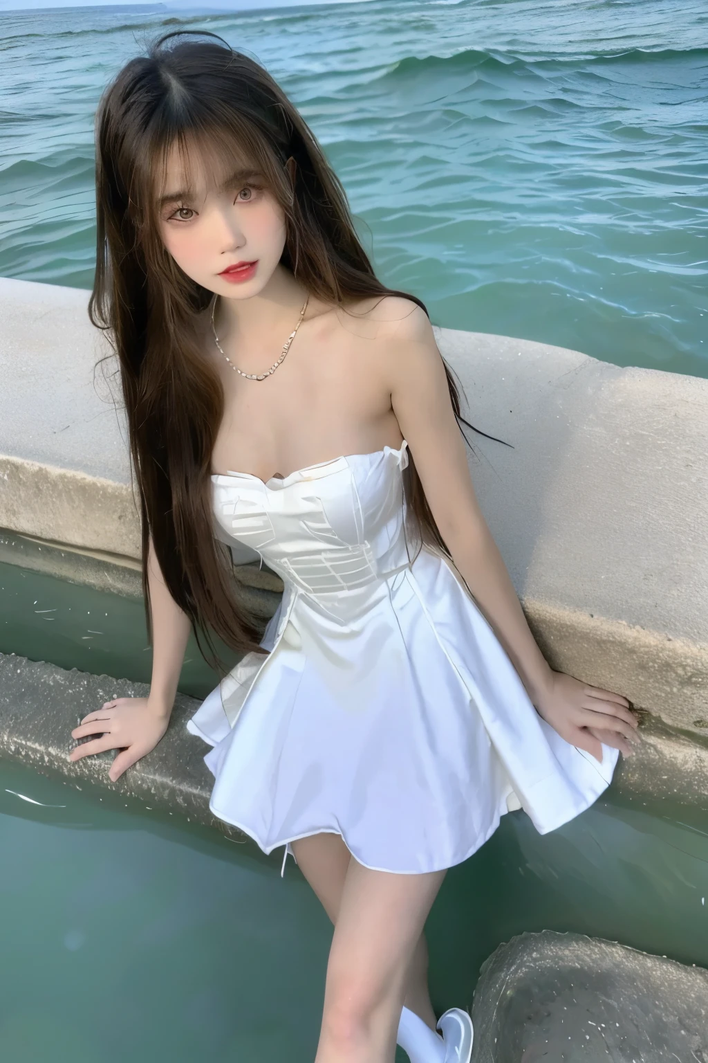 ((masterpiece)), ((highest quality、Ultra high definition)), (Very detailed),8K、Photo quality、((Amazingly cute girl)),( -yeld gi, Two people, , (Beautiful emerald blue eyes), ((smile)),In the open-air bath overlooking the sea, Beautifully arranged black hair in twin tails、whole body、((Super high-end white see-through summer gothic lolita maid costume、A super mini skirt with lots of frills))、Professional Lighting、(White lace knee-highore detailed and beautiful)、(More details and cutenesore realistic)、(((ウインクしている)))、