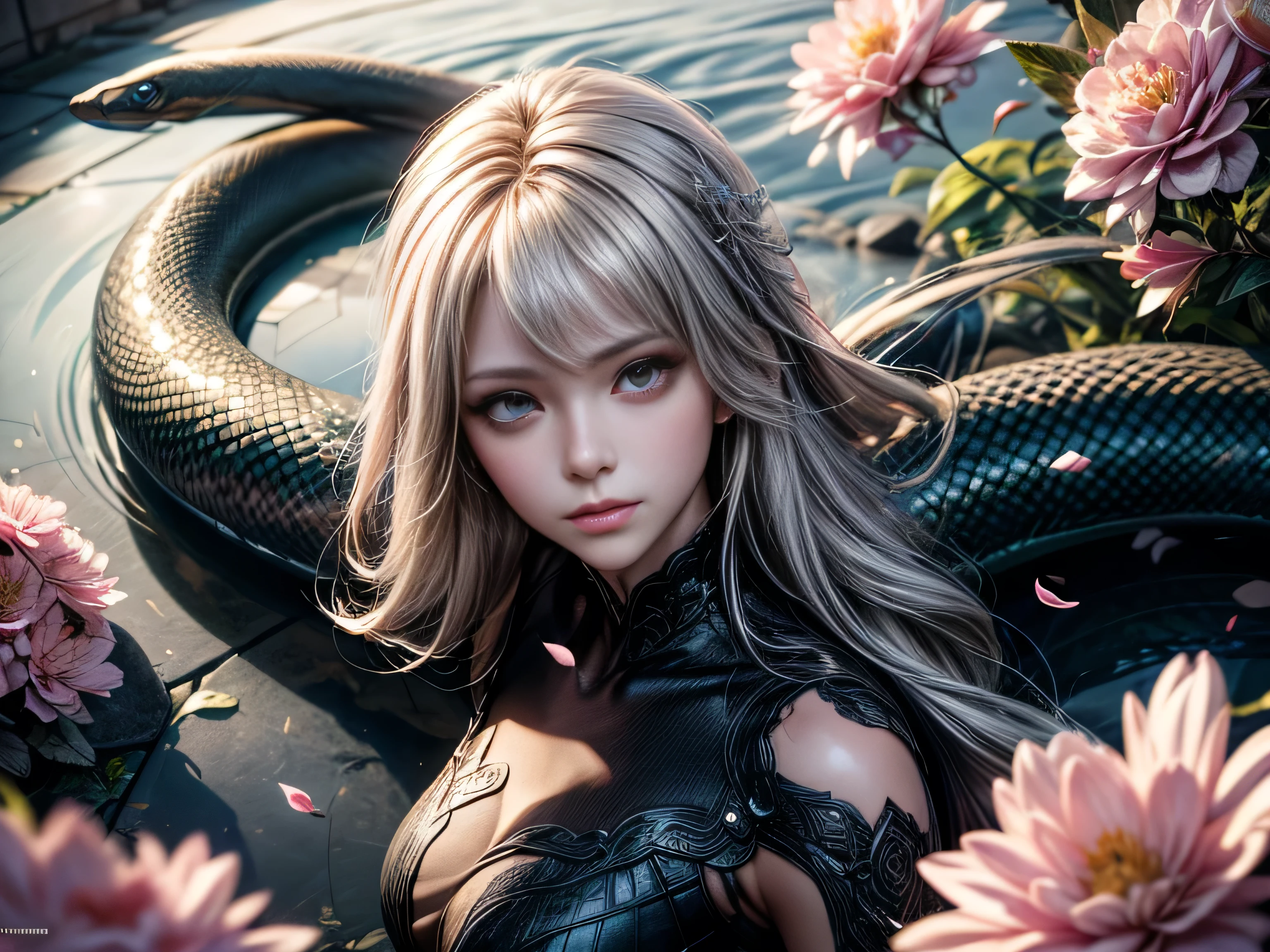 (Best Quality, 8K, Masterpiece, HDR, Soft Lighting, Picture Perfect, Realistic, Vivid), White Snake Girl (1.0), Naga Girl (1.0), Snake Girl, Snake Girl with White Hair and Sexy Open Scales pink bodysuit snake texture, Beautiful Anime fantasy, Very beautiful and cute snake girl, rain of pink flower petals, background blur, anime fantasy, work in Gouves style, realistic: 1.37, top view, lying in pink flowers, horizontal view , (Ultra High Quality Fantasy Art), Masterpiece, Female Model, Ultra High Quality Female Character Designs, Detailed 8k Anime Art, Realistic Anime Art, Highest Quality Wallpaper Illustrations, Intricate Ultra High Quality Accurate Female Character Faces, High Quality Design and Accurate Physics (Ultra High Quality Fantasy -art, dark fantasy style), masterpieces, super high-quality characters, anime resolution - 8K, realistic anime art, wallpapers with the highest quality illustrations, ultra-high facial detail, high-quality design and accurate physics), color, depth of field, shadows, ray tracing , high quality workmanship. -high-quality computer wallpapers and 8K resolution, (Accurate simulation of the interaction of light and materials)], [High-quality hair detail [More about beautiful and shiny white hair]], (Beautifully detailed hands [perfect fingers [Perfect nails]]]], (perfect anatomy (ideal proportions) ))) [[Full height]], [Perfect combination of colors (Accurate imitation of the interaction of light and material)], [art that conveys the meaning of the story]