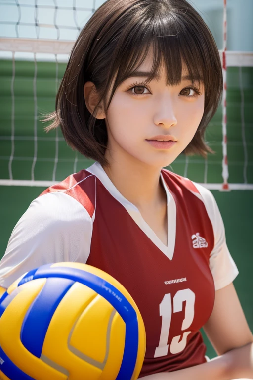 (High resolution:1.3), (16k, Realistic, RAW Photos, Best image quality: 1.4), Japanese, (Two Girls), Beautiful Face, (Lively Faces), (Black-haired、short hair:1.3、bangs:1.2), Beautiful Hairstyles, Realistic eyes, Beautiful and detailed eyes, (Realistic Skin), Beautiful skins, Charm, 超A high resolution, Surreal, High detail, Golden Ratio, Highly detailed cute girl,(20-year-old), (Volleyball Player:1.5)