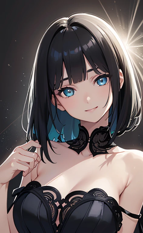 (Photorealistic:1.4)、(,20-year-old:1.5),(masterpiece、Blue lens flare:1.5、spot light:1.2、Exquisite beautiful eye:1.5,portlate),(kind eyes、tareme:1.9),(Close-up of face,face focus1.7)、Cute Face、 3D Face、(black hair:1.5)、(middle hair:1.5),(sidelock :1.5),(blunt bangs:1.3),(1 woman)、(aqua eyes:1.2)、(upper body:1.5)、(fingersmile:1.5)、(Beautiful embroidery1.5),(head tilt) ,(Cute face:1.2),(flat chest),(),kind face,(strapless evening dress:1.5),(black background:1.5)、()、()、 Neat and clean、Adorable、Demure,Slim Body(),Shiny Hair、(hand to own mouth)、