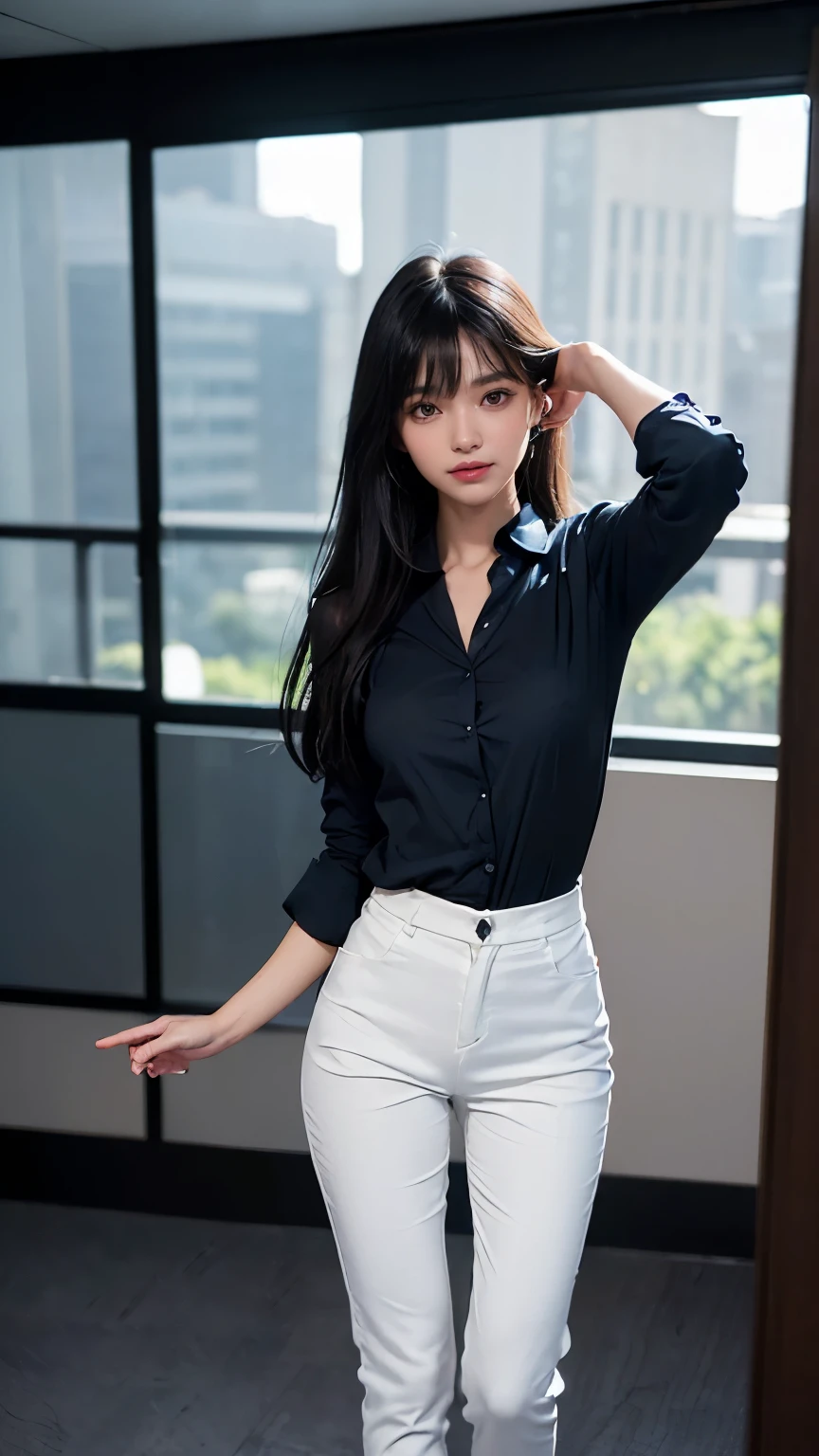 (((Backwards:2.0, Point your ass to the camera:2.0))), ((conference room:2.0)), ((Clothing:2.0, Blue long blouse:2.0, Black panties under white suit pants:2.0)), ((A grin:1.2, Small breasts:1.5, slender:1.5, Small Ass:1.8)), ((Japanese, 1 Girl, 18-year-old, 7 heads, Ideal body proportions, Black Hair, With bangs, Small breasts, Erect nipples, slender, Small Ass, Beautiful feet, Skinny Legs)), Surrealism, Cinematic Lighting, Depth of written boundary, First Person View, F/1.8, 135mm, Ticker, Mastepiece, Curate, ((Anatomically correct:1.3)), Textured skin, Super Detail, High detail, High quality, Awards, Best Quality, High resolution, 8K
