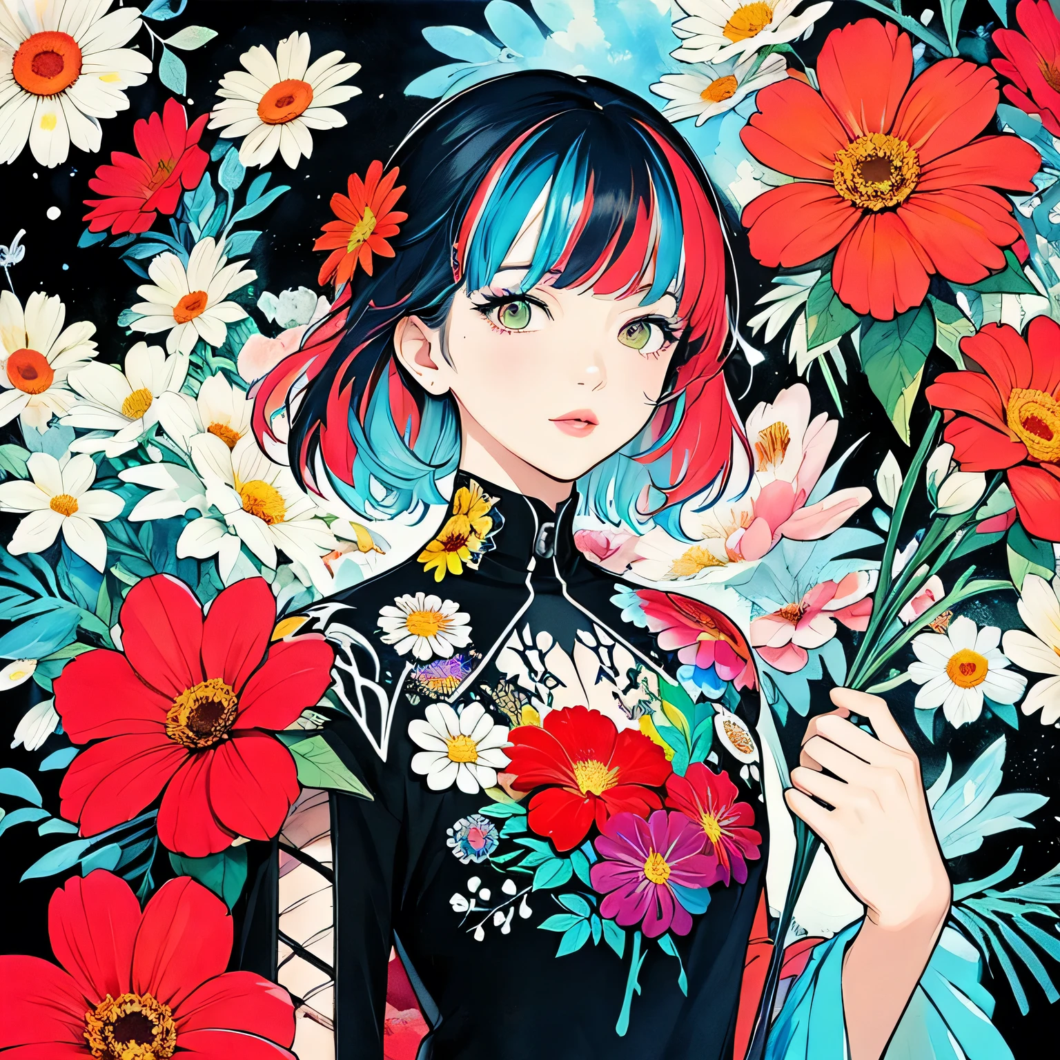 Black Star Red and White Style、(((stylish fashion))), 8K Quality、Intense watercolor, Detailed watercolor art, Watercolor splash, Surreal, avant-garde pop art, Beautiful and expressive paintings, Beautiful artwork illustration, Very colorful tones, wonderful, Cool beauty, highest quality、Official Art, Vector art, Stylish design, (((The most beautiful girl))), (((highest quality))), HDR, ((detailed)), (((Doodle Art)), ((masterpiece)), ((Super detailed)), (((Colorful flowers))),(((Stylish))), Lips in Love, Love and Hopes