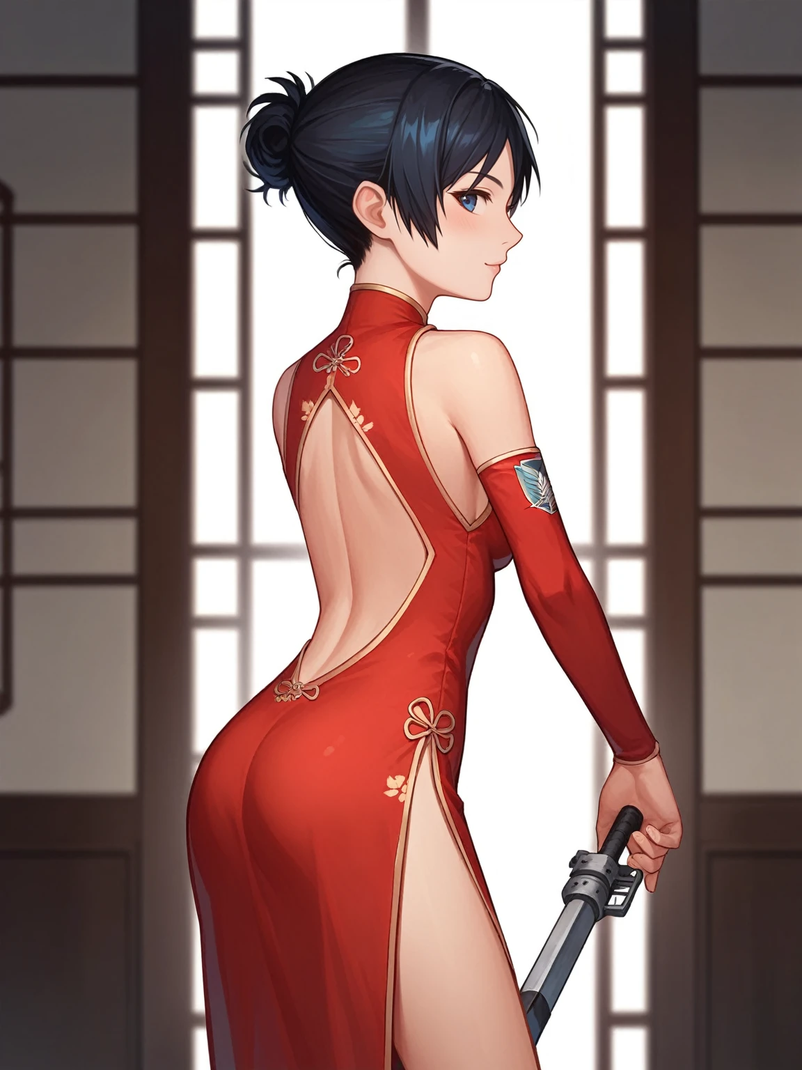 score_9, score_8_up, score_7_up, score_6_up, score_5_up, source_anime, solo, 1girl, tomboy, dress, annie leonhart,  attack on titan, lole, young, ((aged down)), rity, black hair, black hair, oriental, Chinese dress, short dress, short hair, indoors, boob window, bonten