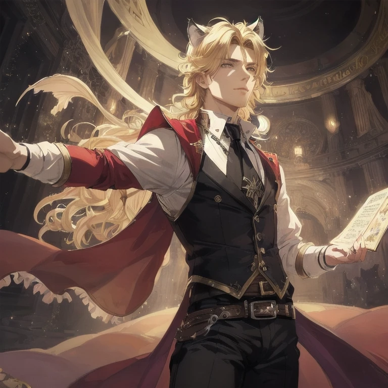 ((unreal engine, 4k high quality, trends of artstation, pixiv,soft render )) by Joseph Christian Leyendecker,aesthetics of vintage films,  solo portrait, , soft shadows, dark cinematic lighting, floodlight lighting, mystical,,   ((fantasy medieval setting, dnd,)) bard, dramatic artist, theater actor performing on stage, all attention is focused on him,  (close up )(Trickster, A illusionist in a hat, :0.9)(dynamic shot, dynamic angle), rpg game character portrait,  The blond anime prince is 20 years old, (sexy male, 1man, 1boy, prince),androgenic male thin body, (ruffled white shirt with cravat,) ruffle shirt collar, victorian white shirt, an artist in fantasy, (Cat-like tiger ears on his head, neko-boy), (yellow blond hair, shoulder length wavy hair), short unruly hair ((hair tucked behind left ear, wavy forelock covers right eye)), asymmetrical parting elongated face, detailed beautiful face, ((Black sclera, red irises, Beautiful  demonic eyes)) piercing mysterious gaze, . sly charming smile, raised eyebrows, a relaxed , flirty, kind, curtsy,conceited, Glitter particles, purple-red-brown shades, mucha art deco,  (Schrodinger from Hellsing :1)  background with circus and theatrical motifs, fantasy eater stage and curtain on the background, ,