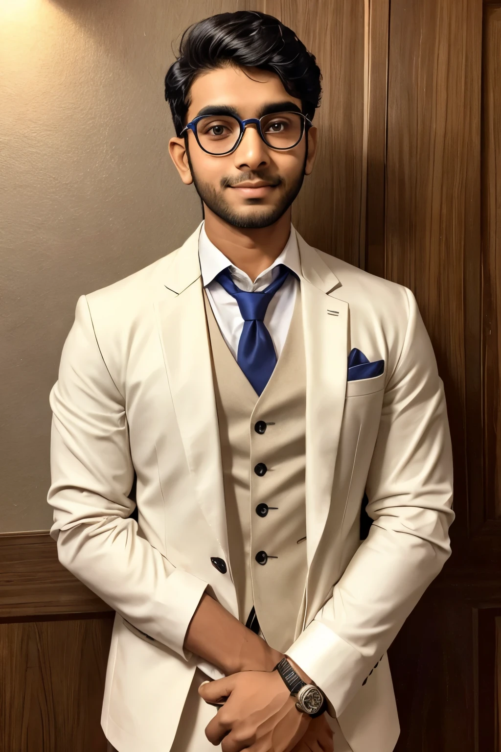 26 year old Indian boy with fair skin wearing spectacles and narrow body posing far a LinkedIn picture in formal 