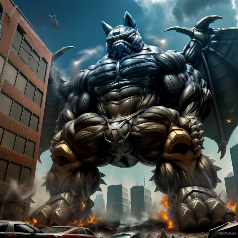 (masterpiece. official art. 8k. best quality. detailed full body. full body.)

(situation 1 : dominating LUCARIO. focus GIANT mechanical Muscular LUCARIO is trampling the CITY. macro. stomp. Low-angle perspective. emphasizing the immense size. The perspective is from below, emphasizing the sheer majesty and power of the Giant. giant art. He is much bigger than a skyscraper. Giga Giants. micro soccer field. looking down.)

(situation 2 :smoke and flames rising from the destruction in the city)

(Additional details 1: wearing a full-face helmet. high-tech bio-mecha armor. real texture material. whole body shines like metal. Wearing cyberpunk mecha. emphasizes the muscles. suit fully made of metal. intricate armor. Robotic suit. suit fully made of metal. cyborg. Powered exoskeleton with the same design as LUCARIO).

(Additional details 2: (Detailed head. Detailed Body. Detailed abs. gigantic muscles. HYPER MUSCLES. Gigachad Muscular. big muscle. pecs. triceps. traps. unusually developed muscular body. body full of huge muscles. showing off muscles. pectorales enormes. Exaggeratedly huge muscles. huge muscles. long legs.).

(Additional details 3: nj5furry, Spread wings. It has wings. White have big wings. The claws are sharp. Sharp teeth.5 toes.). (tiny thong, metallic color: jet black thong. bulge in the crotch.)