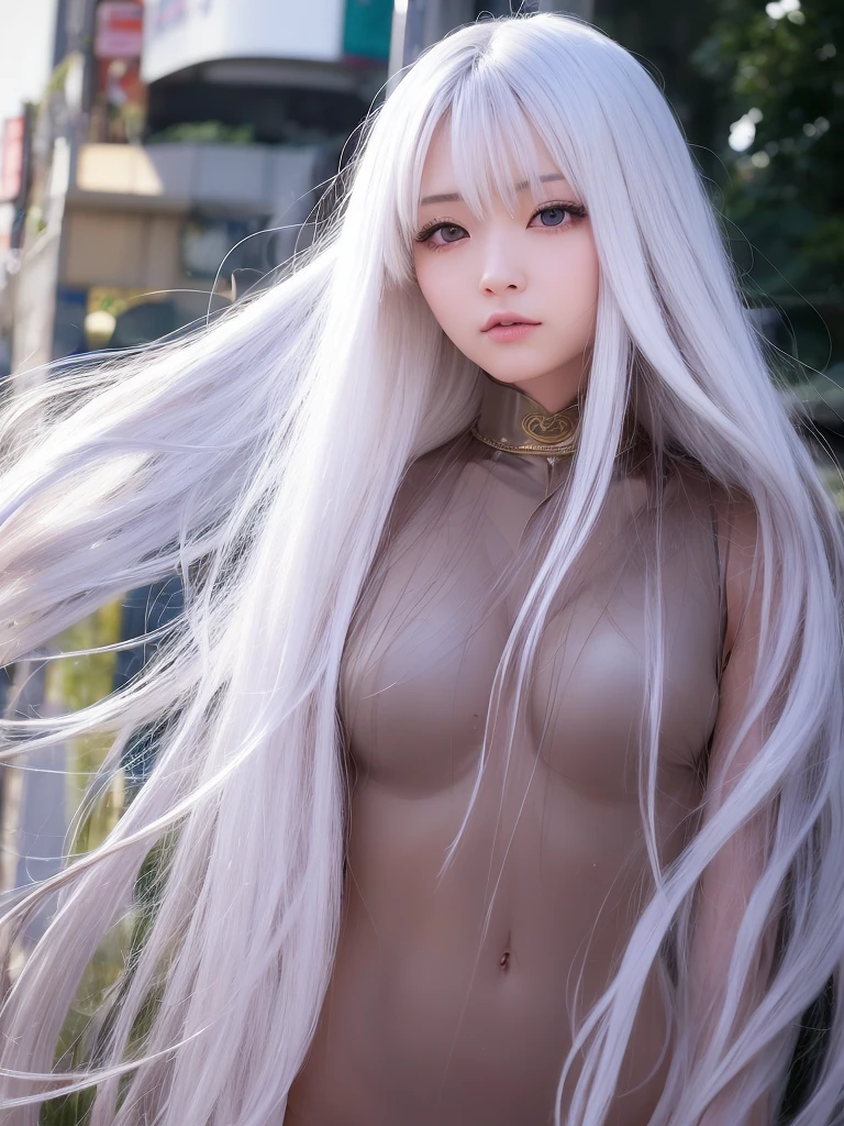 Japanese、Cosplayers、Tremendously beautiful face、Super long hair、Silvery white hair、Hair blowing in the wind、Bewitching cosplay、Too much exposure、The spring light illuminates your beautiful face、The background is the intersection of Shibuya、Panty shot、Healthy Body