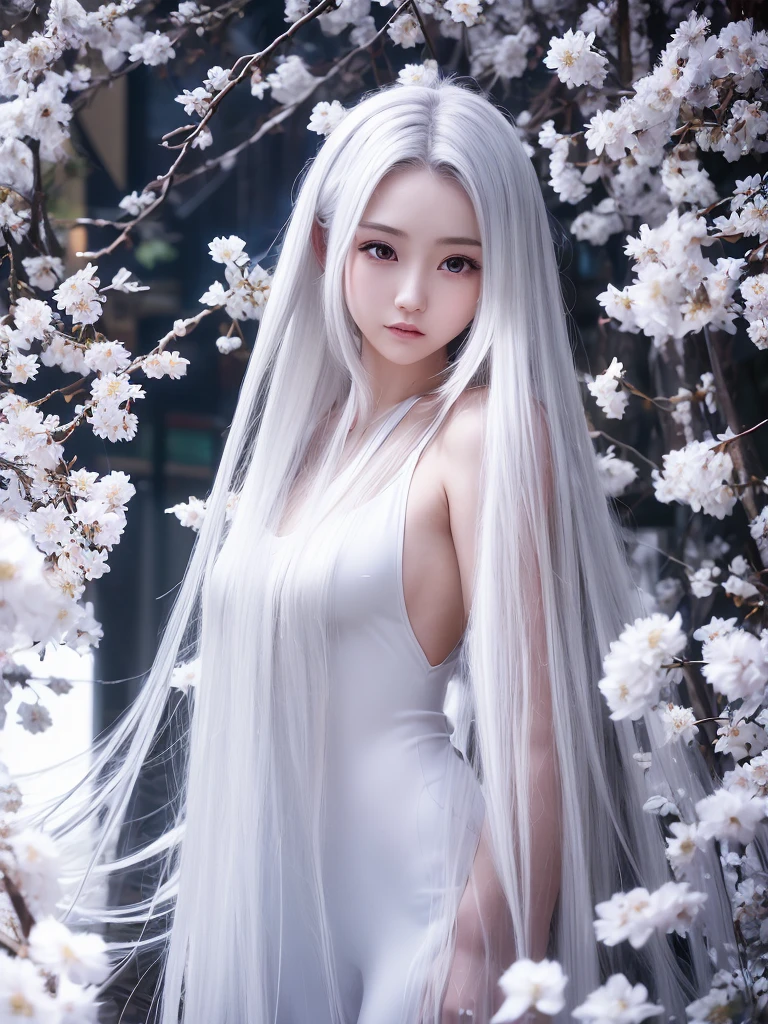 Japanese、Cosplayers、Tremendously beautiful face、Super long hair、Silvery white hair、Hair blowing in the wind、Bewitching cosplay、Too much exposure、The spring light illuminates your beautiful face、The background is the intersection of Shibuya、Panty shot、Healthy Body