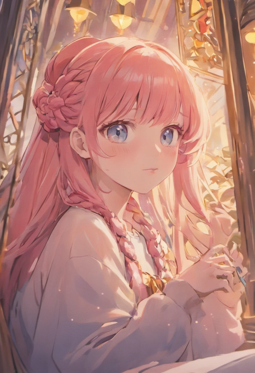 A 20 year old girl with long pink hair in three braids, beautiful detailed eyes, beautiful detailed lips, extremely detailed face, longeyelashes, wearing pastel blue pajamas, fashion glasses, sitting in her room at midnight, slightly blushing, smiling, talking on smartphone, (best quality,4k,8k,highres,masterpiece:1.2),ultra-detailed,(realistic,photorealistic,photo-realistic:1.37),vibrant colors,warm lighting,intricate details,delicate shading,soft focus,detailed background