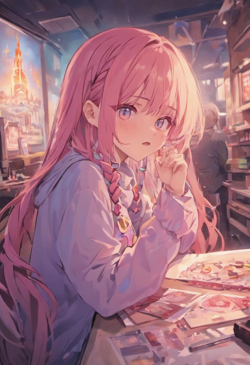 A 20 year old girl with long pink hair in three braids, beautiful detailed eyes, beautiful detailed lips, extremely detailed face, longeyelashes, wearing pastel blue pajamas, fashion glasses, sitting in her room at midnight, slightly blushing, smiling, talking on smartphone, (best quality,4k,8k,highres,masterpiece:1.2),ultra-detailed,(realistic,photorealistic,photo-realistic:1.37),vibrant colors,warm lighting,intricate details,delicate shading,soft focus,detailed background