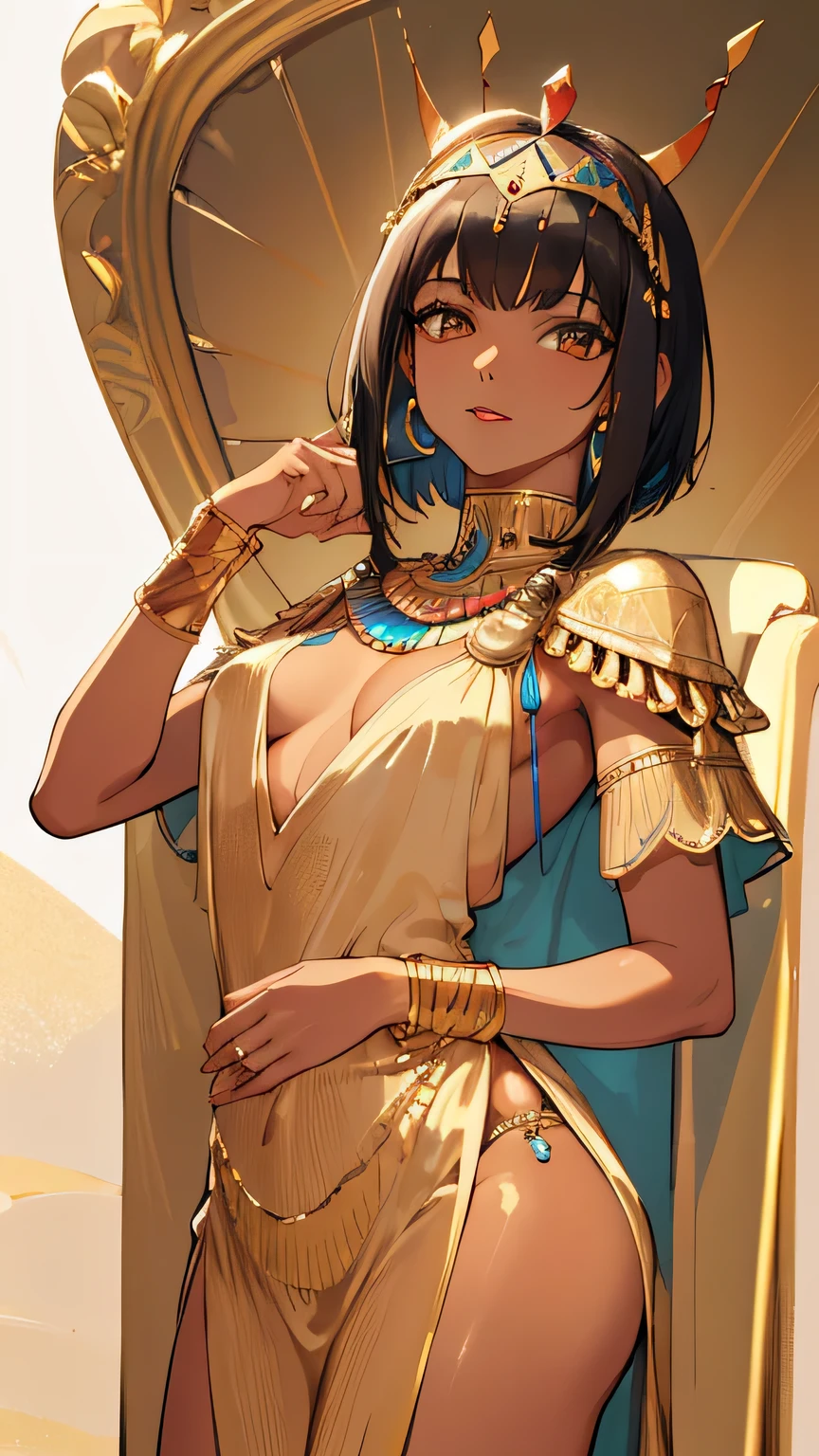 ((best quality)), ((masterpiece)), (detailed face and eyes), perfect face, accurate, textured skin, high details, highres, perfect body, Cleopatra, queen of ancient Egypt, silk dress, jewelled crown, lipstick, cowboy shot, Tanned skin, brown skin, short hair, throne