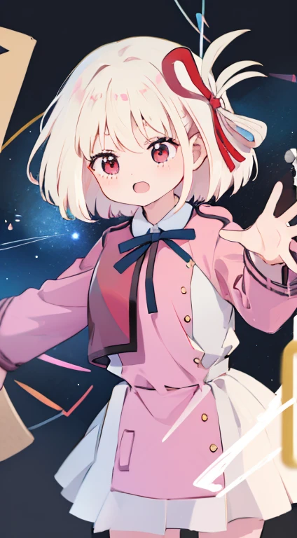 Little、Pink military uniform、Skirt、ribbon、A calm face、happen、Droopy eyes、Put your hands on your hipasterpiece、Best image quality、highest quality、cute