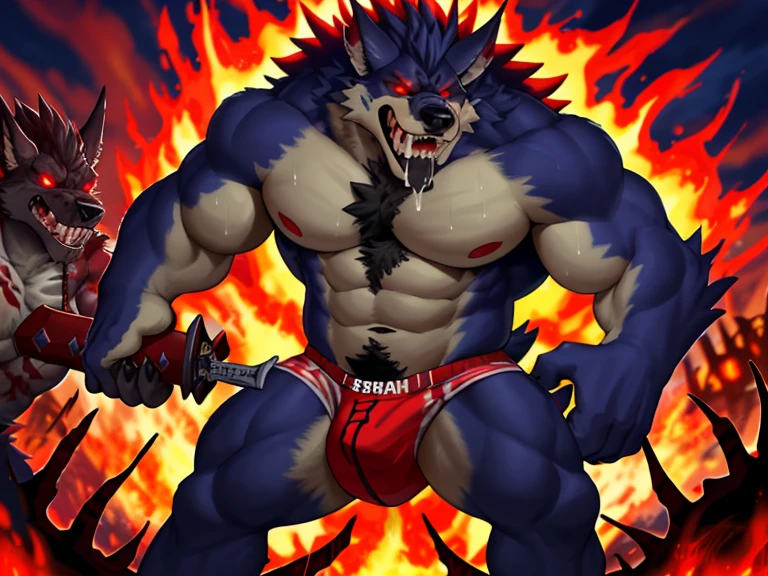 Demon, fear, monster, strong, naked, hellhound, Ceob, wolf, orc, blood-red fur, strong, strong body, thick, giant, furry, horror monster, giant, werewolf, from hell, rape, rape face, brutal, huge cock, huge wet briefs, damaged briefs, briefs, win, torture, flames, grinning, bloody, huge knife, big sword, two-handed sword, butcher, ogre, killer, demon, purgatory, flames, laughing wildly, red eyes, handsome, nightmare, destroy town, drool, cannibalism, broken limbs, death, wailing, corpses everywhere, flames rising to the sky