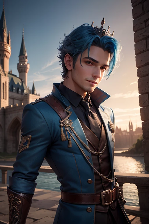 handsome blue faux hair man, wearing a crown, goth, hd, 3d, fantasy, castle in background, cgi, digital art, cute smile