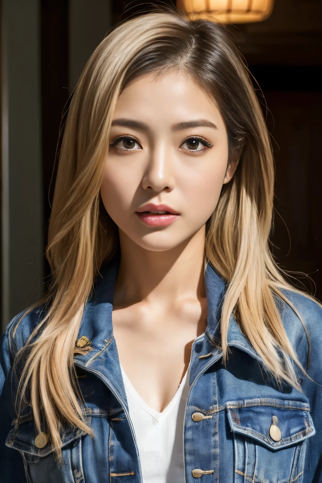 (masterpiece:1.2), Super detailed, Ultra-high resolution, (Realistic, photo Realistic:1.37), High-definition RAW color photos, Professional photos, Very delicate and beautiful, Very detailed, In detail, Large file size, Very detailed beautiful girl, Very detailed face, Very detailed eyes, Very detailed skin, Very detailed nose, Very detailed mouth, Perfect Anatomy, Very detailed background, Shiny skin, (Famous Japanese actresses:1.5), (fix), Flat Chest, View Viewer, whole body, (Dynamic pose:1.4), Dynamic Lighting, Denim jacket, Abdominal Peek, (Brown people, Dark Skin, Blonde:1.3), (whole body:1.4), (dotonbori;1.2),