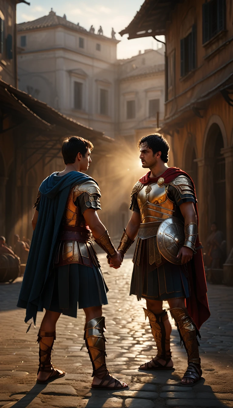 As the sun began to set, The warm golden hues of the sun illuminated his ornate attire, casting a warm glow across the area, Ground-level shot, Intense gladiator duel, set in ancient Rome, historical painting, background dark, hyper realistic, ultra detailed hyper realistic, photorealistic, Studio Lighting, reflections, dynamic pose, Cinematic, Color Grading, Photography, Shot on 50mm lens, Ultra-Wide Angle, Depth of Field, hyper-detailed, beautifully color, 8k, golden light from the front,