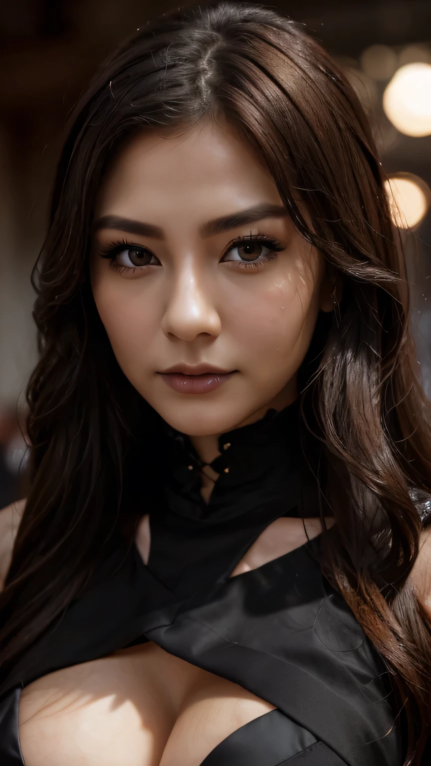 ((A 30-year-old woman wearing a Black Gothic dress))、 Unparalleled beauty、(Face close-up)、masterpiece, 最high quality, high quality, High resolution, Highly refined muscles、Very detailed、Detailed skin texture、Intricate details、Depth of written border、Bright lighting、(Lighting from below)、Beautiful Face、(Realistic Face)、Realistic eyes、Beautiful fine grain、Realistic Skin、Beautiful Skin、Ultra-realistic、Very detailed、Golden Ratio、The most beautiful images in the world, Location was great.、(Cinema Lighting)、Detail emphasis, Beautiful lighting、Sharp focur.々A pose、超Detailed face、Fine grain、Increased hair growth、Brown Hair、Long Hair、Beautiful Hairstyles、Detailed face、(Big Breasts)、Incredibly stupid, It seems ridiculous., ((Black Gothic dress))、((Face close-up))、