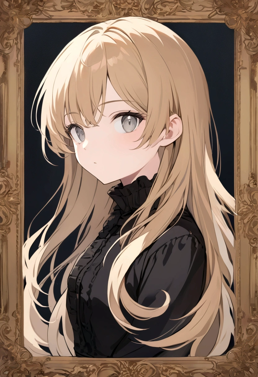 a cartoon girl in a black shirt and skirt with a belt, anime girl wearing a black dress, single character half body, !!half body portrait!!, half body portrait, portrait, anime half body illustration, full body single character, blonde anime girl with long hair, half body potrait, grey eyes, oil painting style, portraiture