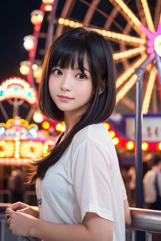 (High resolution:1.3), (16k, Realistic, RAW Photos, Best image quality: 1.4), Japanese, (One Girl), Beautiful Face, (Lively Faces), (Black-haired、short hair:1.3、bangs:1.2), Beautiful Hairstyles, Realistic eyes, Beautiful and detailed eyes, (Realistic Skin), Beautiful skins, Charm, 超A high resolution, Surreal, High detail, Golden Ratio, Highly detailed cute girl,(20-year-old), Ferris wheel、amusement park、Detailed Background、People queuing々