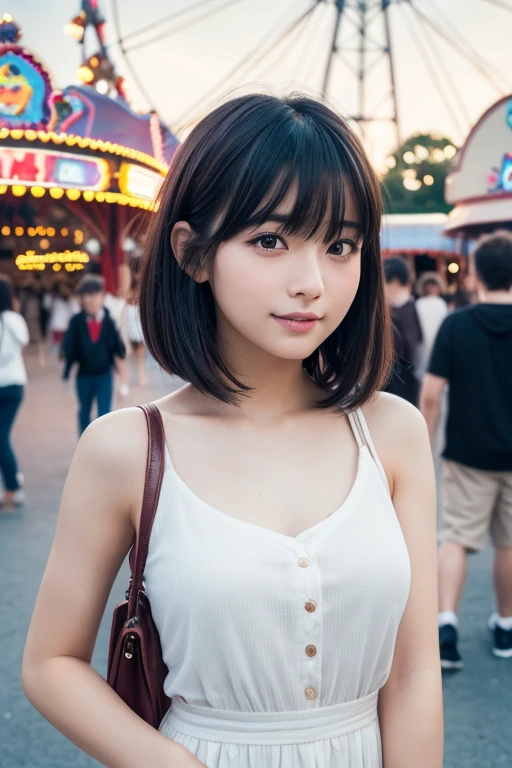 (High resolution:1.3), (16k, Realistic, RAW Photos, Best image quality: 1.4), Japanese, (One Girl), Beautiful Face, (Lively Faces), (Black-haired、short hair:1.3、bangs:1.2), Beautiful Hairstyles, Realistic eyes, Beautiful and detailed eyes, (Realistic Skin), Beautiful skins, Charm, 超A high resolution, Surreal, High detail, Golden Ratio, Highly detailed cute girl,(20-year-old), Ferris wheel、amusement park、Detailed Background、People queuing々