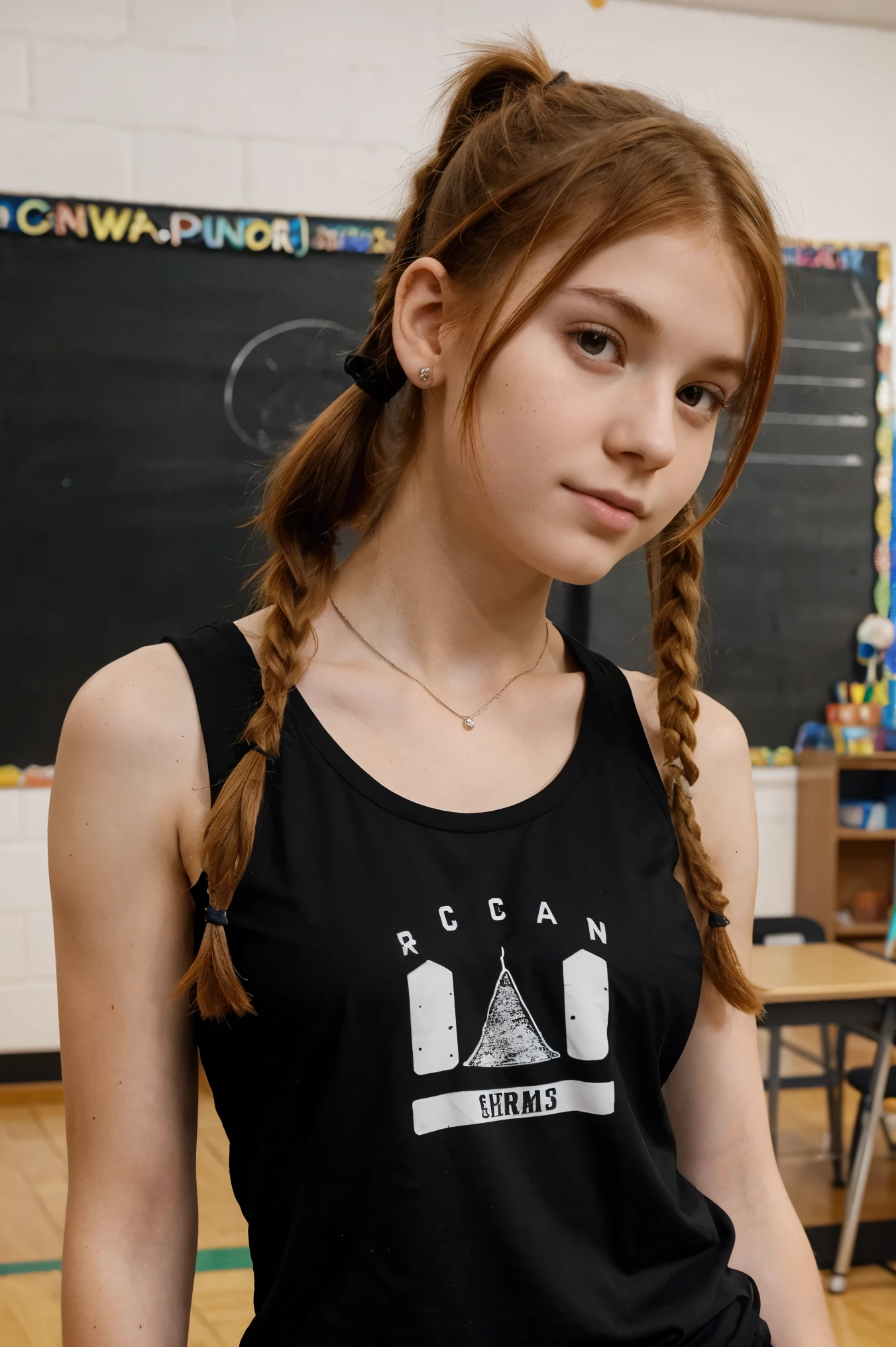 18 years old, ginger pigtail, rock style, wearing sleeveless black t shirt, at an abadonded school