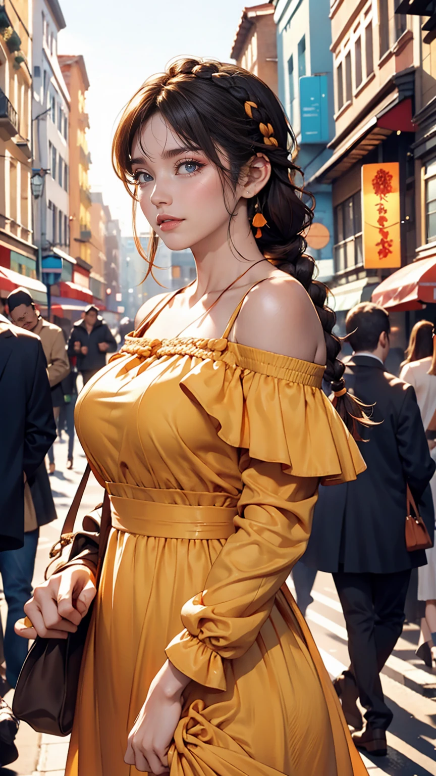 a woman posing on the street corner with orange dress on, highest quality, 1peopleの女の子, Large Breasts, Day, bright, Blur the background, Bokeh, Outdoor, (street:0.8), (people々, crowd:0.8), (Off-the-shoulder dress:1.2), nice, (Braided bangs:1.2), Beautifully detailed skies, (Dynamic pose:1.2), Soft lighting, Wind, Shiny skin, (Upper Body:0.8), (freckles:0.8), Mole under the mouth, 