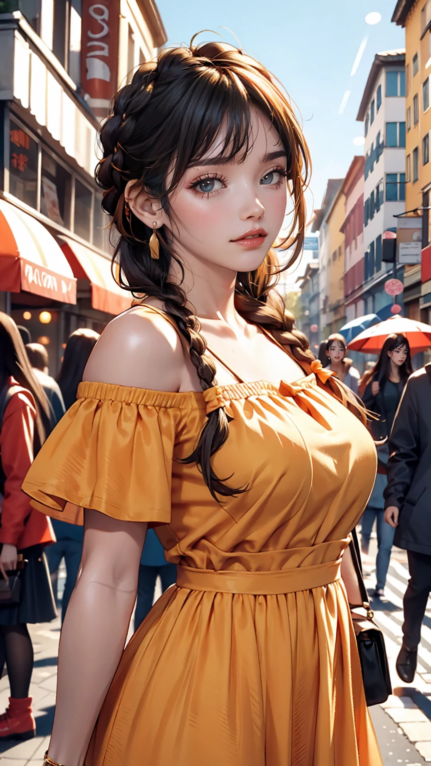 a woman posing on the street corner with orange dress on, highest quality, 1peopleの女の子, Large Breasts, Day, bright, Blur the background, Bokeh, Outdoor, (street:0.8), (people々, crowd:0.8), (Off-the-shoulder dress:1.2), nice, (Braided bangs:1.2), Beautifully detailed skies, (Dynamic pose:1.2), Soft lighting, Wind, Shiny skin, (Upper Body:0.8), (freckles:0.8), Mole under the mouth, 