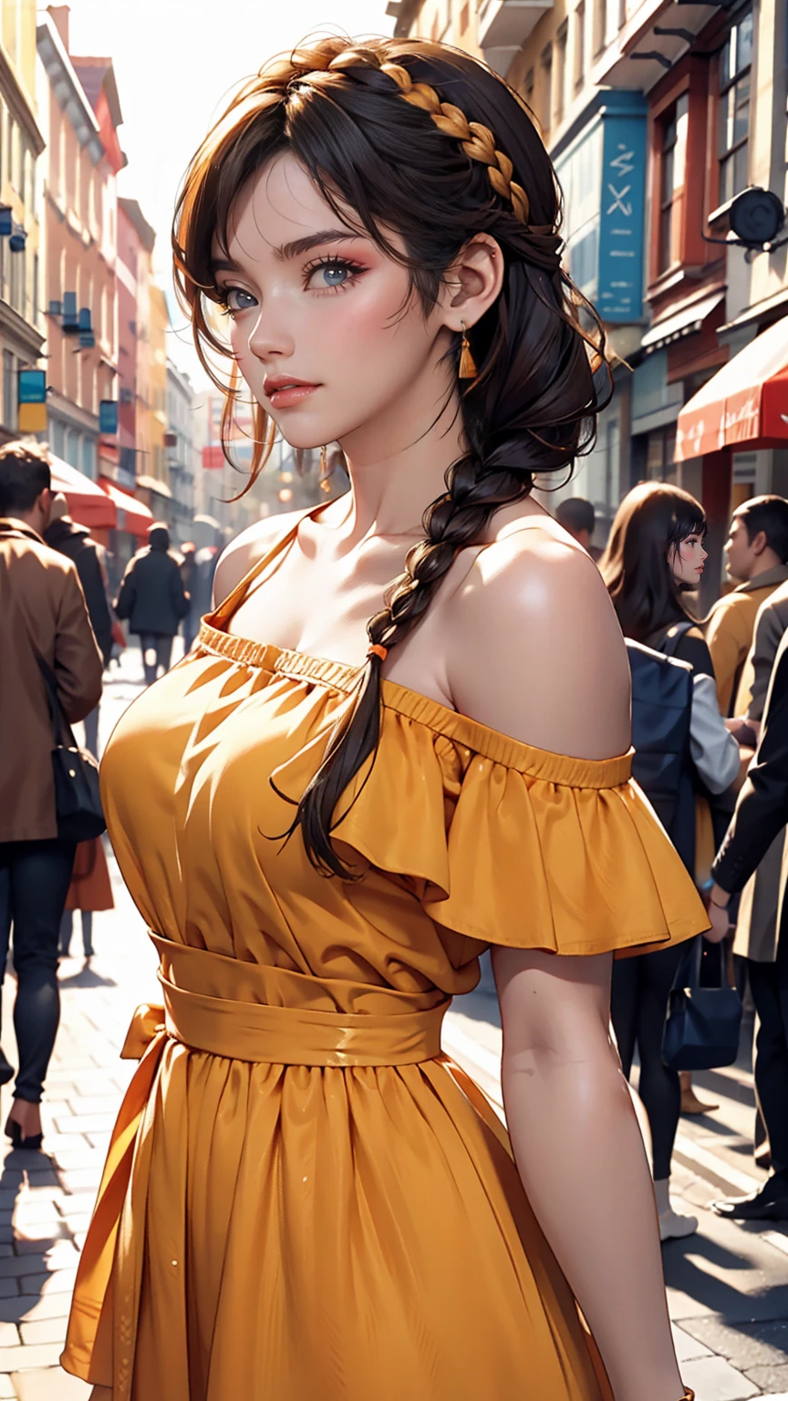a woman posing on the street corner with orange dress on, highest quality, 1peopleの女の子, Large Breasts, Day, bright, Blur the background, Bokeh, Outdoor, (street:0.8), (people々, crowd:0.8), (Off-the-shoulder dress:1.2), nice, (Braided bangs:1.2), Beautifully detailed skies, (Dynamic pose:1.2), Soft lighting, Wind, Shiny skin, (Upper Body:0.8), (freckles:0.8), Mole under the mouth,