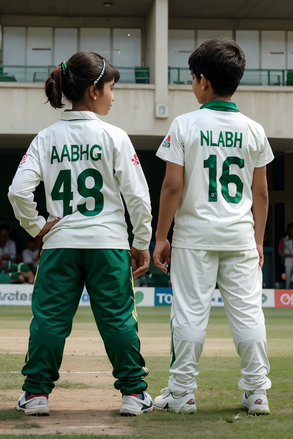 A girl and boy wearing Pakistan cricket kit name of girl is abhi on back and name of boy is Naabi on back