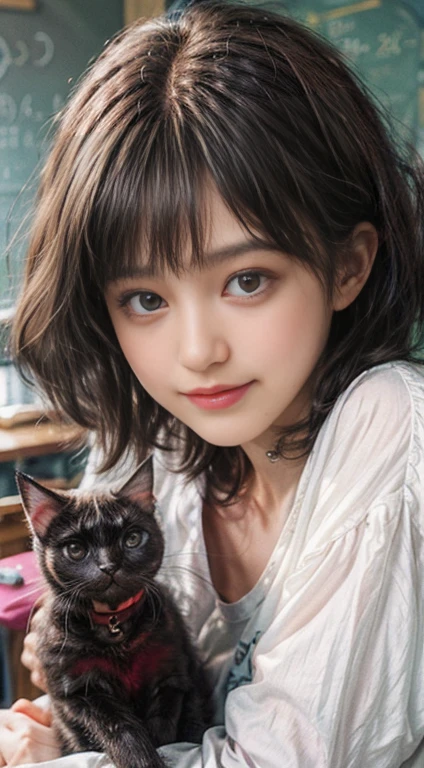 (((black shorthair cat:1.2))),  (A 20-year-old female), (T-shirt design), (Flower Clothing), (Breast bump),((In the physics class)),  (surreal), (easy), (Improve resolution), (8KUHD), (Very detailed), (Best Illustration), (Beautiful and delicate eyes), (best quality), (Ultra Detailed), (On the table ), ( wallpaper), (Delicate face), fine details,  Deep Shadows, Low profile,  Smile,  (Portrait of Albert Einstein), (Portraits of many physicists), (Solve the formula on the blackboard)