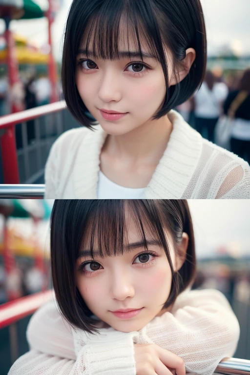 (High resolution:1.3), (16k, Realistic, RAW Photos, Best image quality: 1.4), Japanese, (One Girl), Beautiful Face, (Lively Faces), (Black-haired、short hair:1.3、bangs:1.2), Beautiful Hairstyles, Realistic eyes, Beautiful and detailed eyes, (Realistic Skin), Beautiful skins, Charm, 超A high resolution, Surreal, High detail, Golden Ratio, Highly detailed cute girl,(20-year-old), Long sleeve, Ferris wheel、amusement park、Detailed Background、People queuing々