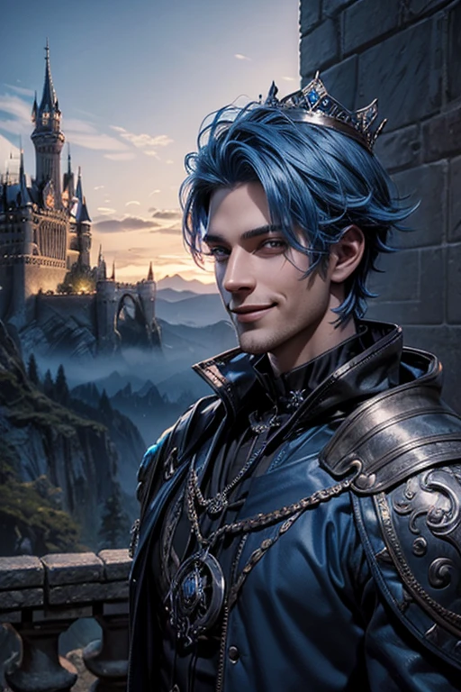 handsome blue faux hair man, wearing a crown, goth, hd, 3d, fantasy, castle in background, cgi, digital art, cute smile