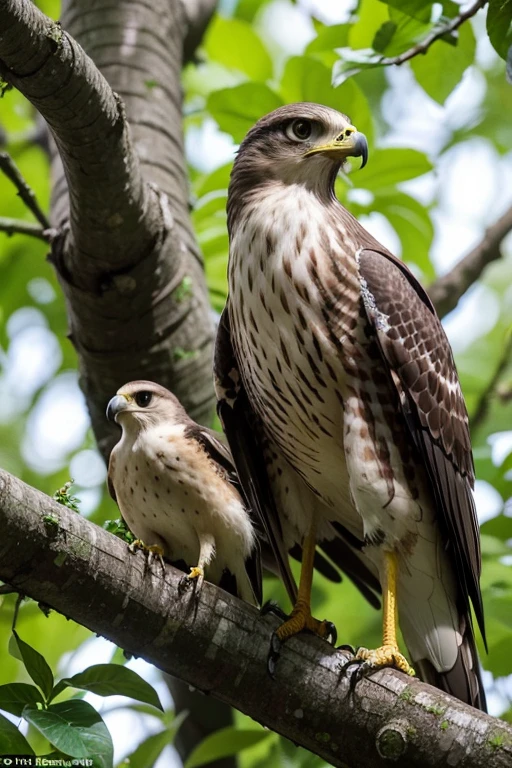 Numa densa floresta, a hawk built his nest high up in a leafy tree. He and his partner lovingly cared for their newborn puppies, alimentando-os com carinho e protegendo-os com zelo.