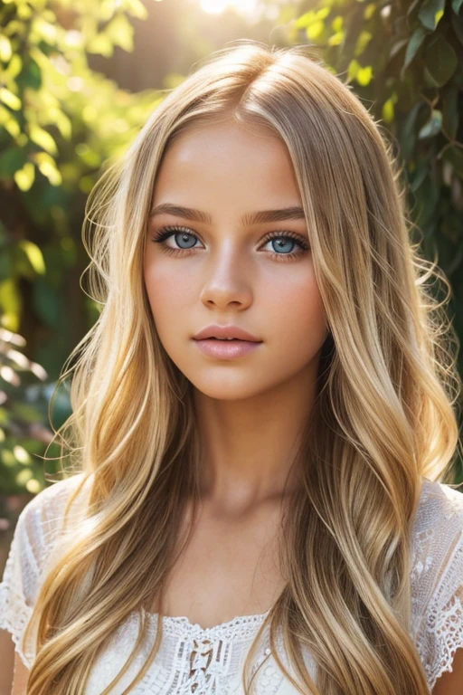 1girl, teen, beautiful detailed eyes, beautiful detailed lips, extremely detailed face, long eyelashes, wavy dirty blonde hair, cute girl, outdoor garden scenery, natural lighting, sunlight, photorealistic, 8k, high quality, intricate details, vibrant colors, professional digital art