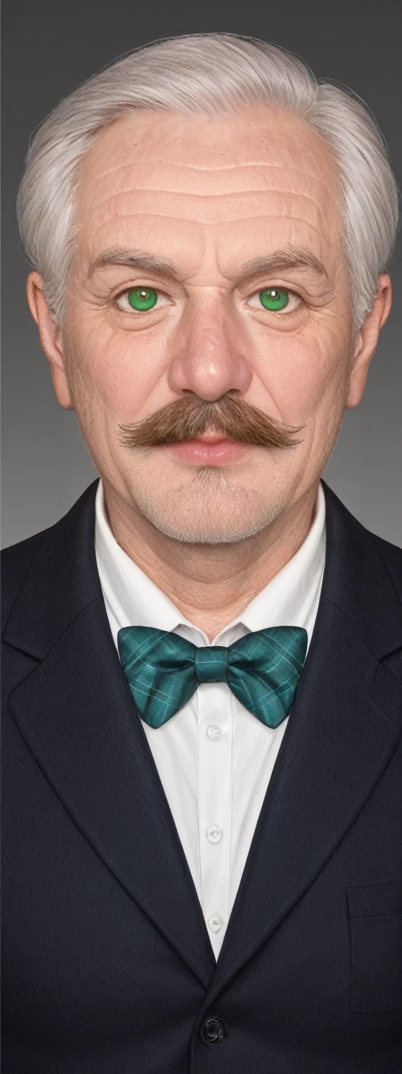 1boy, bow, bowtie, facial hair, gradient, gradient background, green bowtie, green eyes, grey background, jacket, looking at viewer, male focus, mustache, old, old man, portrait, shirt, solo