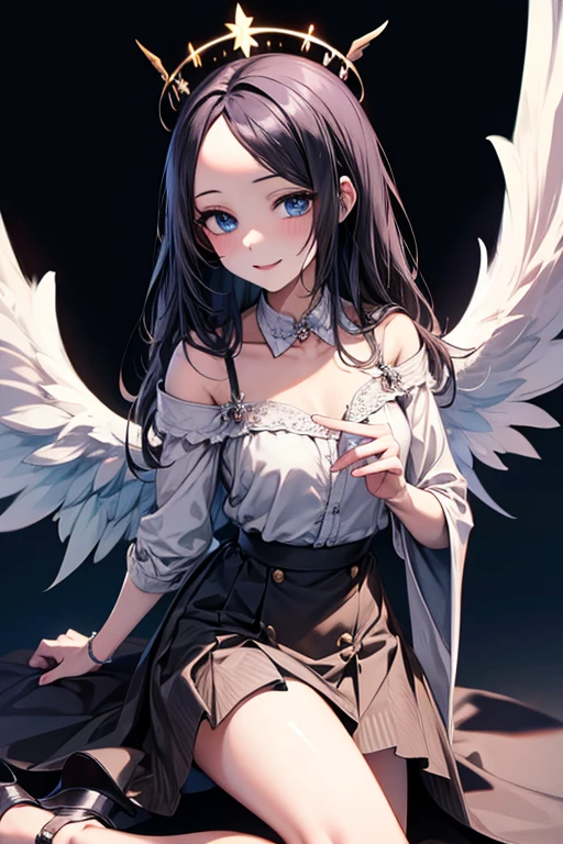 ((forehead)), masterpiece, masterpiece_portrait, distinct, distinct_image, high_resolution, highres, high_quality_anime, high_quality, hyper_detail, finely_detailed,4K, YUJU, GFRIEND , sexy body, ((black hair)), blue eyes, smile, happy, angel, ((white wings)), angel clothes, skirt, high heel, heaven, ((whole body))