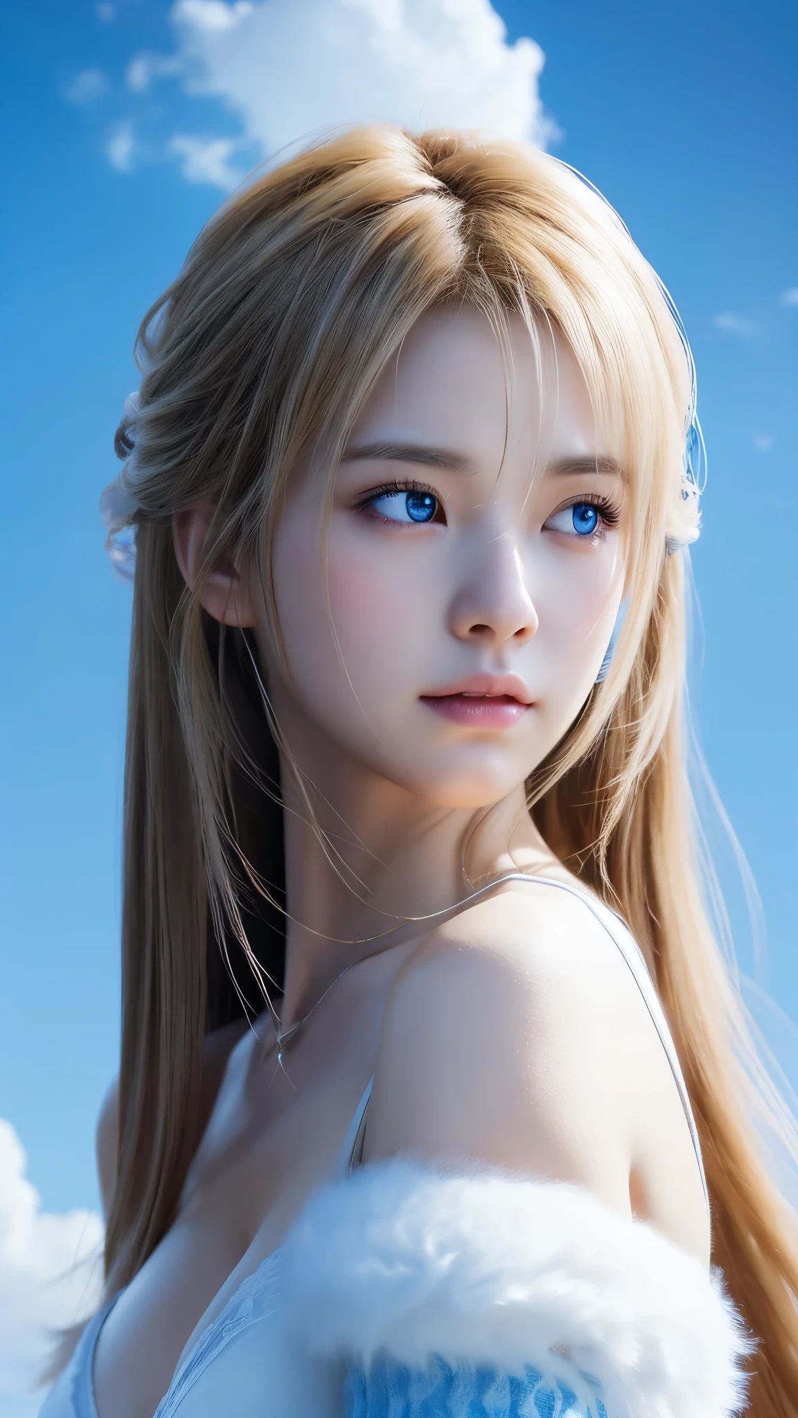 close-up of beautiful korean female, 34 inches breasts size, blue eyes, wearing as Cloud from Final Fantasy, cinematic scene, UHD