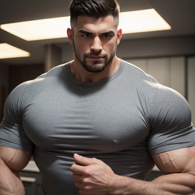 a very handsome man, adult, handsome, cheerful, Mid fade haircut, with massively large muscles, with massively large, muscular and defined body, with massively large and muscular arms and biceps, wearing a gray shirt, in a illuminated environment seen from very close up